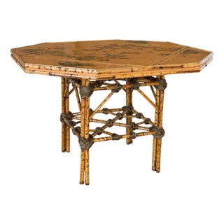 Vintage Coastal Tortoise Bamboo Octagonal Dining Table With Decoupage Floral Top For Sale