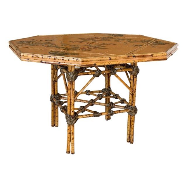 Vintage Coastal Tortoise Bamboo Octagonal Dining Table With Decoupage Floral Top For Sale