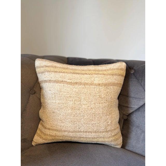 Vintage Turkish Hemp Pillow, Natural Striped Beige Camel Cushion, Handwoven Anatolian Pillow With Insert, 16x16 In For Sale In New York - Image 6 of 7