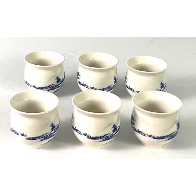 Japanese 1950s Japanese, Hand Painted Blue and White Stoneware- Flared Rim Sake Cups– Set of Six For Sale - Image 3 of 6