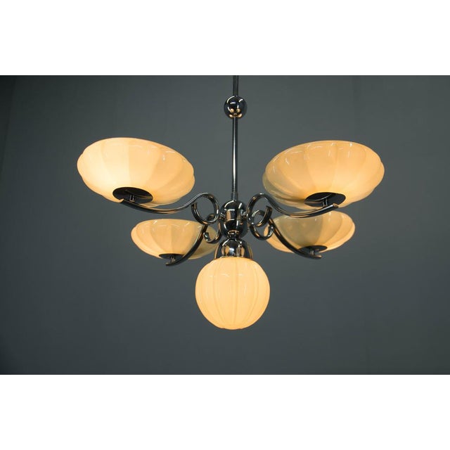 Art deco chandelier made by jilek manufactory in brno, czechoslovakia in 1930s. Chrome in very good condition, marked by...