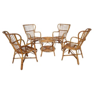 Mid-Century Modern Rattan Table and Chairs, Italy, 1970s, Set of 5 For Sale