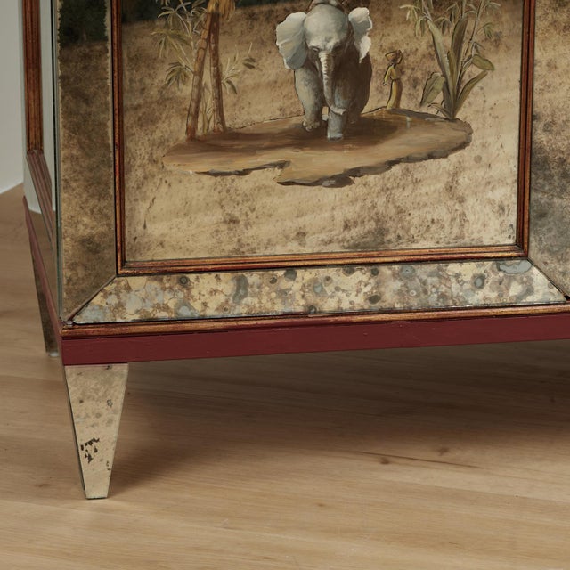 Red Pair of Antique Italian Eglomise Mirrored Cabinets With Elephants and Palm Trees For Sale - Image 8 of 18