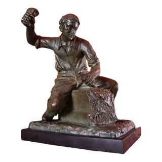 Unknown Artist, Worker Sculpture, Patinated Metal on Marble Base For Sale