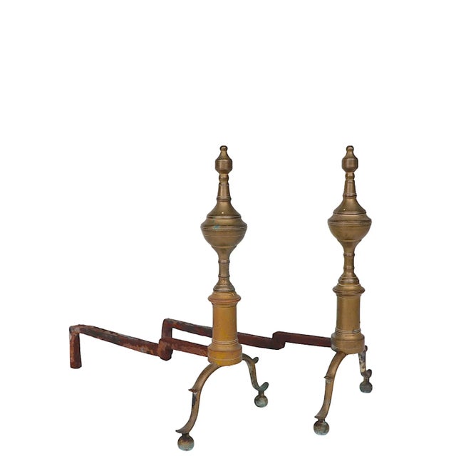 Early 20th Century Antique Brass Steeple Form Andirons For Sale - Image 5 of 7