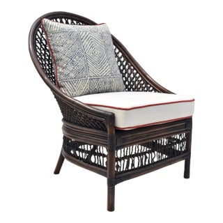 Vintage Rattan Curved Back Chair Attributed to Palecek, Blue & White, 1990s For Sale