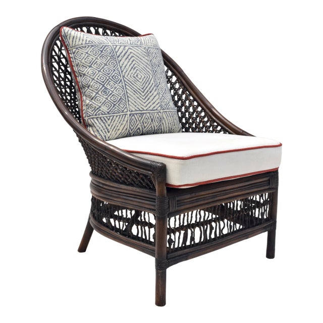 Vintage Rattan Curved Back Chair Attributed to Palecek, Blue & White, 1990s For Sale