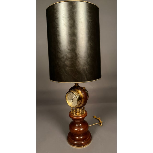 Mid 20th Century Large Brass & Mahogany Nautical Desk Lamp With Clock and Barometer Swivel Head For Sale - Image 11 of 15