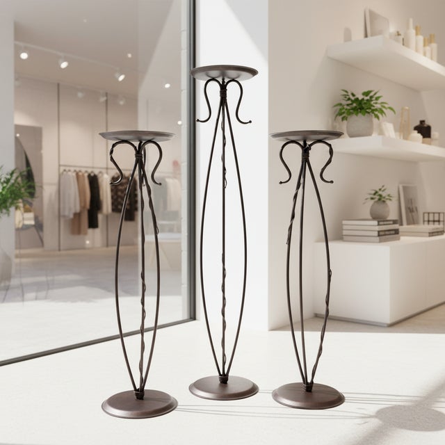 2020s Hand Forged Iron Floor Pedestal Set of 3 (131cm & 115cm) Antique Bronze Finish Candle Holder & Plant Stand Floral Display For Sale - Image 5 of 8