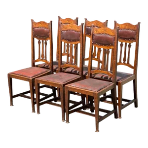 Set of 6 Early 20th Century Arts & Crafts Mission Oak Dining Chairs With Tulip Inlaid Crest Rails