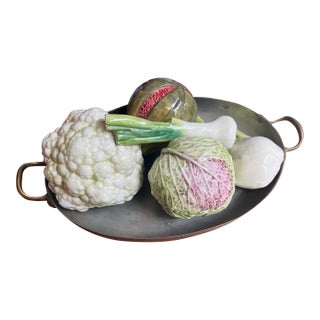 Set of 6, Vintage Ceramic Vegetable and Metal Basket Set For Sale
