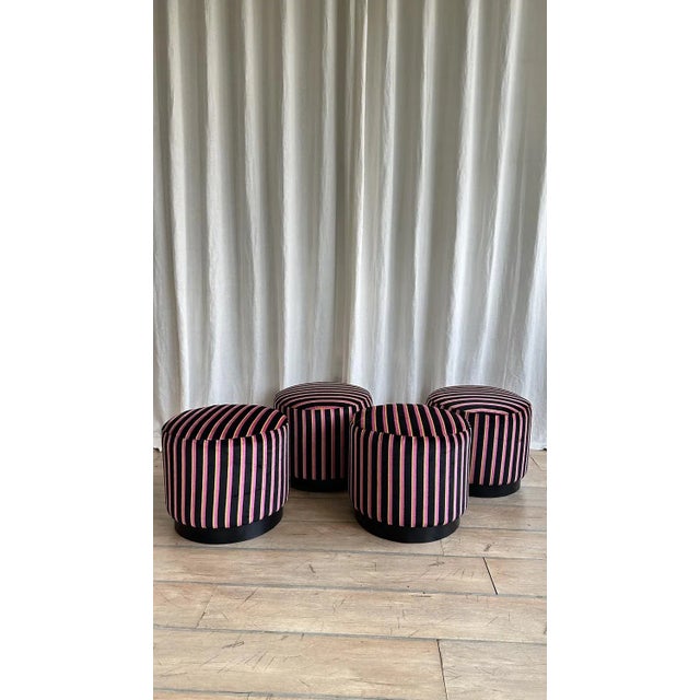 Modern Pink and Yellow Striped Black Velvet Pouf, 2000s For Sale - Image 11 of 13