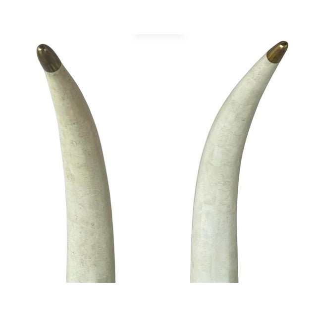 Stone Pair of Tessellated Marble Faux Tusks on Brass and Faux Marble Bases For Sale - Image 7 of 12