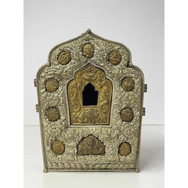 Tibetan Traveling Prayer Shrine Gau. A large antique Tibetan Buddha shrine or prayer box (also known as Gau) which would...