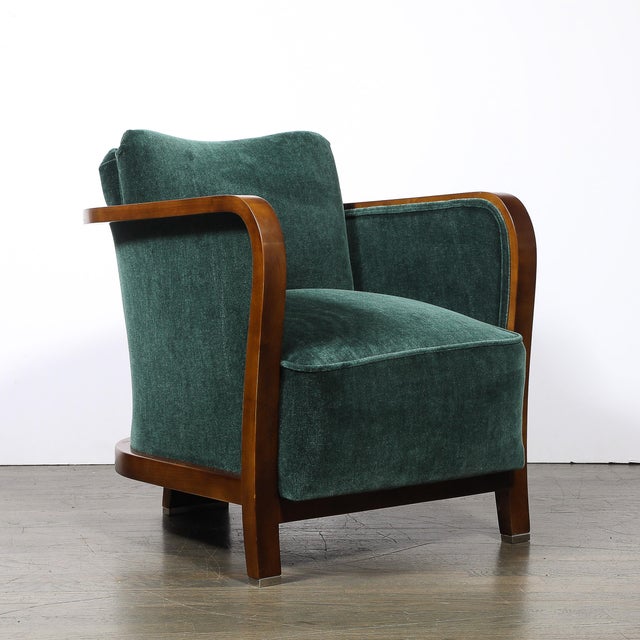 Pair of Art Deco Walnut Armchairs in Eucalyptus Mohair Velvet W/ Nickel Sabots For Sale - Image 9 of 18