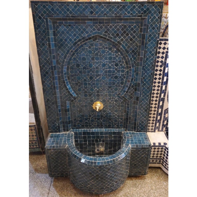 Medium Size Petrol Blue Moroccan Mosaic Tile Fountain For Sale In Orlando - Image 6 of 7