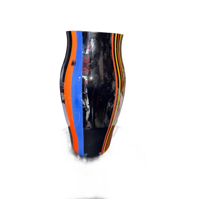 Vintage Carlo Moretti 14” Italian art glass vase. Bold black body with orange and blue color blocks, yellow/orange/red...