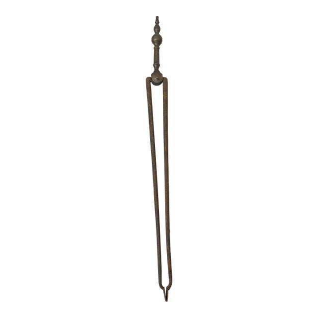 Antique 18th Century Wrought Iron Turned Brass English Fireplace Tongs Tool 23 For Sale
