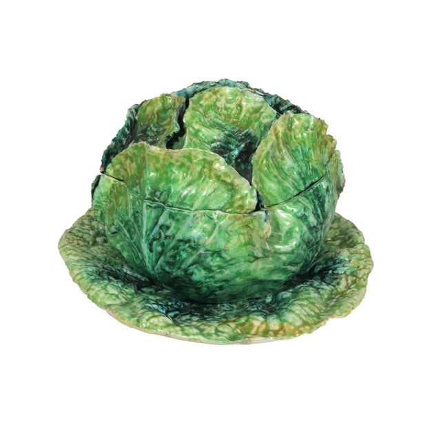 Garden Whimsy: Large Italian Ceramic Cabbage Tureen & Stand, 1960s A substantial and whimsical Italian ceramic tureen and...