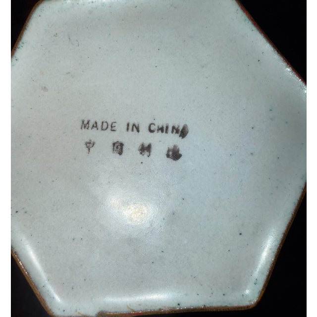 9" 1920s Chinese Republic Canton Enamel Hexagonal Vase, Turquoise Meiren & Peacock Scenic Centerpiece, Chinoiserie Mantel Decor For Sale - Image 14 of 15