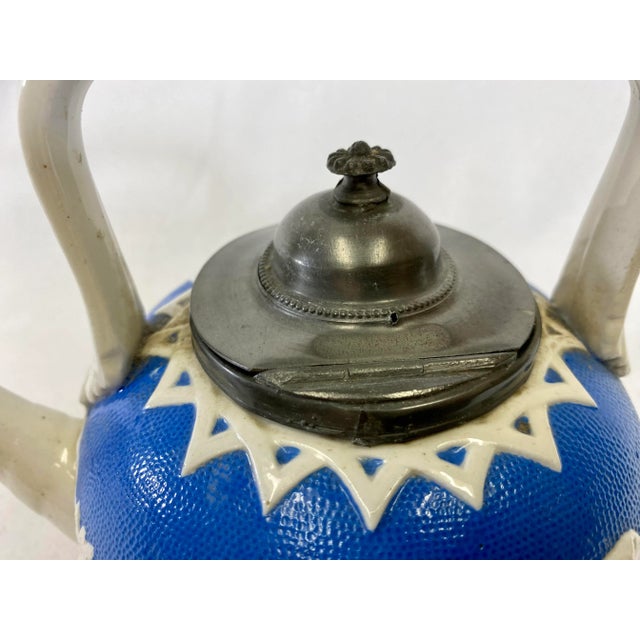 Mid 19th Century Antique Salt Glazed Tea Pot Decorated With Ribbons and Grapes With Pewter Lid From England - Circa 19th Century For Sale - Image 5 of 11