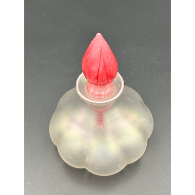 Vintage Iridescent Art Glass Perfume Bottle With Red Sculptural Stopper For Sale - Image 4 of 8
