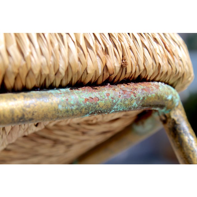 Vintage Gold Tone Cast Iron Bar Stools With Woven Rush Seats & Geometric Oval Backs – Set of 2 For Sale - Image 13 of 16