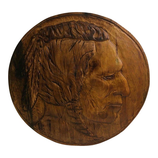 Vintage Hand-Carved Wood Portrait Wall Plaque Folk Art Americana Relief For Sale