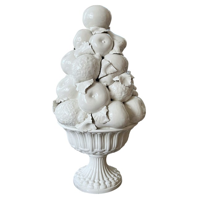 Traditional Vintage Italian White Majolica Trompe-L’œil Fruit Topiary in Two-Piece Urn, 16.5" For Sale - Image 3 of 10
