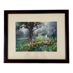 Original Landscape Watercolor - by Sue Sweterlitsch, Vermont Farm House With Spring Flowers