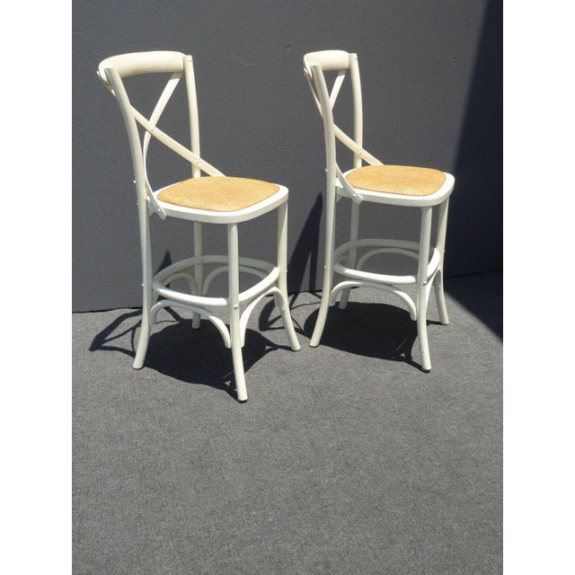 Vintage French Country White Rye Seat Bar Stools A Pair Chairish
