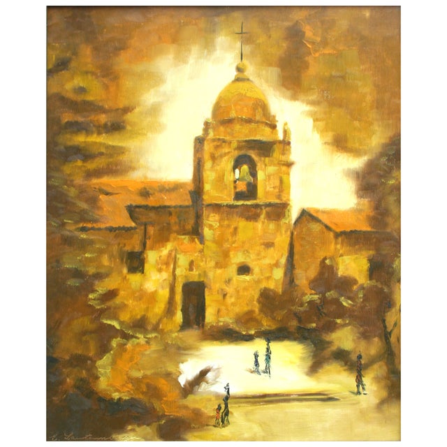 Mid Century figurative landscape oil painting in yellow tones in the French style by Lautenschlager. Signed "E....