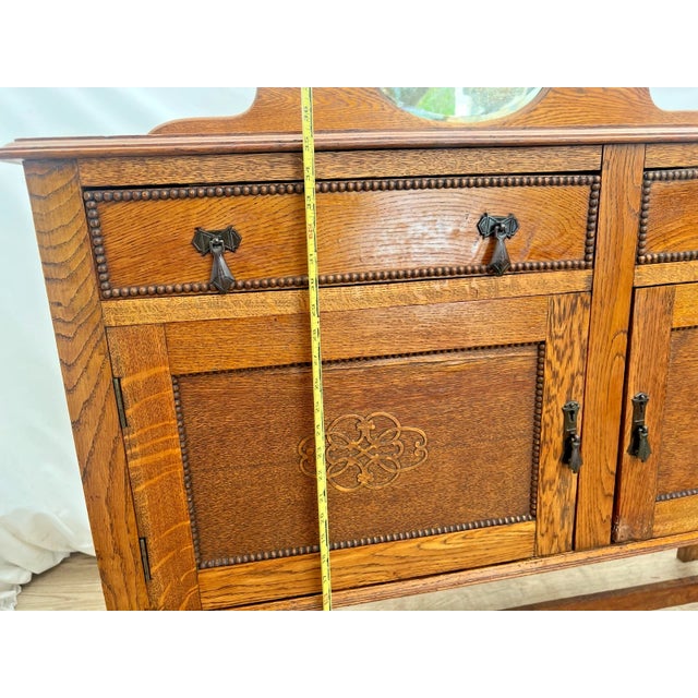 Early 20th Century English Jacobean Revival Carved Oak Buffet, Credenza Barley Twist Legs, Mirror For Sale - Image 9 of 15