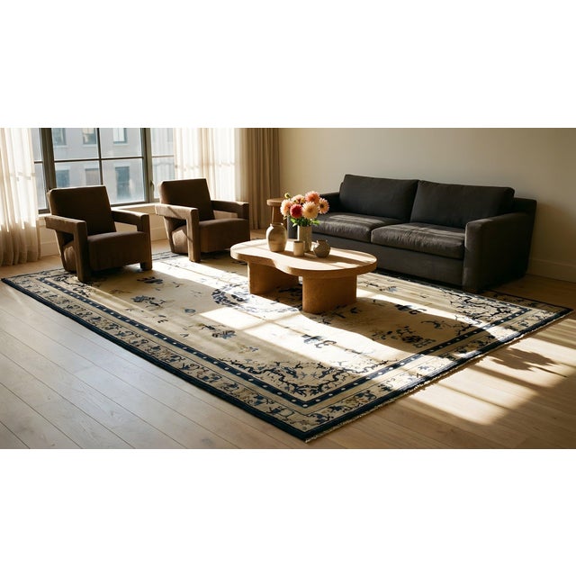 Superlative Beige Open Field With Details Flowers in a Medallion Design Antique Chinese Peking Rug For Sale - Image 13 of 15