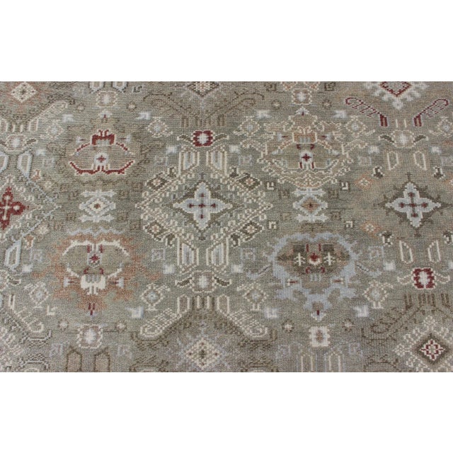Blue Modern Oushak Muted Rug in Greens, Tan, Lt. Blue, and Rusty Red For Sale - Image 8 of 13