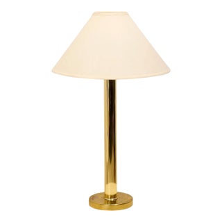 Mid 20th Century Brass Column Table Lamp With Cream Shade For Sale