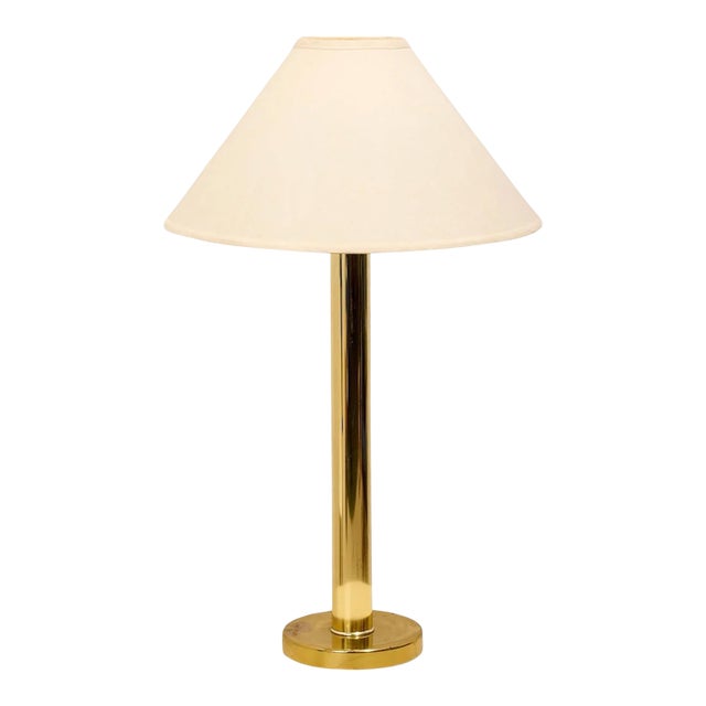 Mid 20th Century Brass Column Table Lamp With Cream Shade For Sale