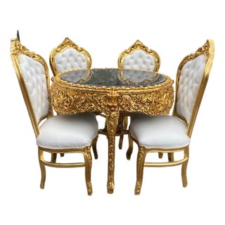1970s Italian Baroque Gold Marble Leather Dining Set 5Pc For Sale