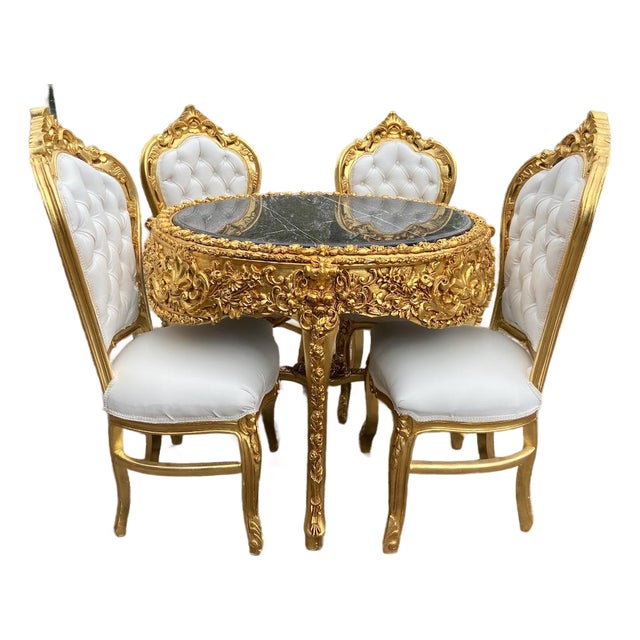 1970s Italian Baroque Gold Marble Leather Dining Set 5Pc For Sale