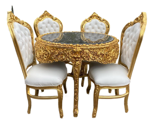 1970s Italian Baroque Gold Marble Leather Dining Set 5Pc