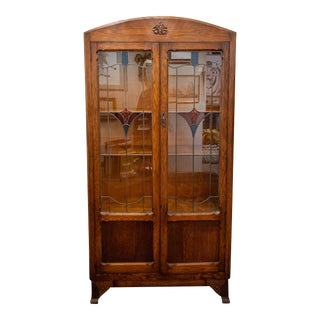 Antique Arts and Crafts Style Oak Bookcase With Leaded Stained Glass Door Fronts For Sale