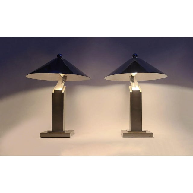 Late 20th Century Pair of Formidable Steel Table "Arquitectura" Table Lamps With Original Finials by Sergio Orozco for Brueton For Sale - Image 5 of 12