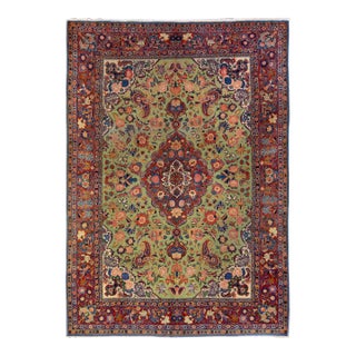 1920s Antique Persian Kashan Handmade Allover Floral Green Wool Rug For Sale