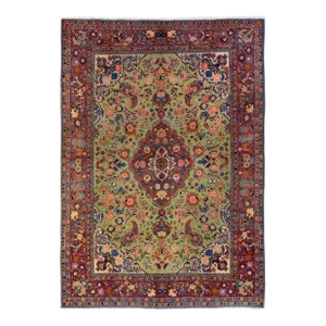 1920s Antique Persian Kashan Handmade Allover Floral Green Wool Rug