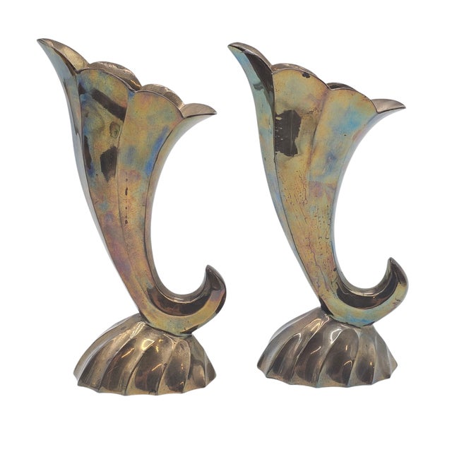 Art Deco Mid-Century Brass Cornucopia Vases in Art Deco Revival Style, Pair For Sale - Image 3 of 12
