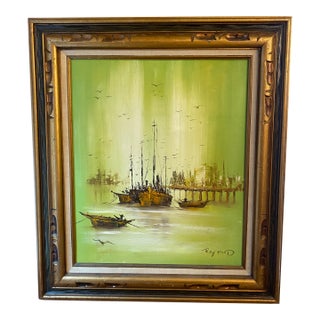 Mid-Century Nautical Oil Framed Painting by Raymond For Sale