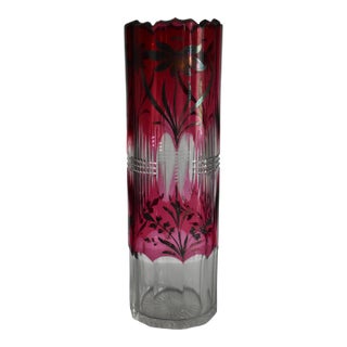 Vintage Clear Crystal Vase Bohemian Ruby Cut Cylinder Etched Silver Overlay For Sale