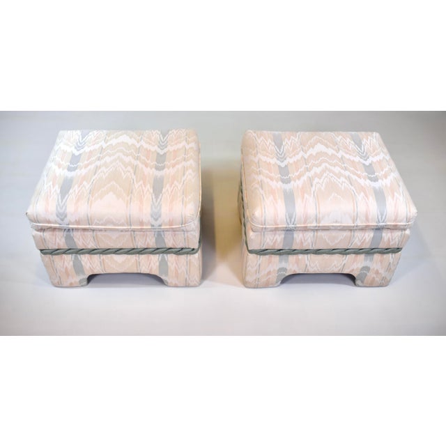 High quality custom pair of ottomans; Design Center of New York, c. 1980's. Substantial solid wood construction in...