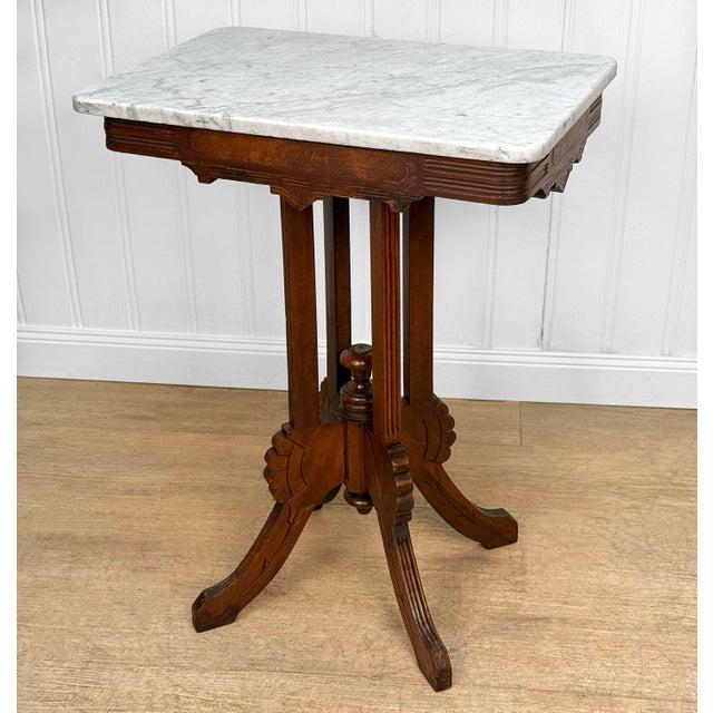 Antique Eastlake Victorian Walnut Marble Top Rectangle Parlor Table For Sale - Image 4 of 16