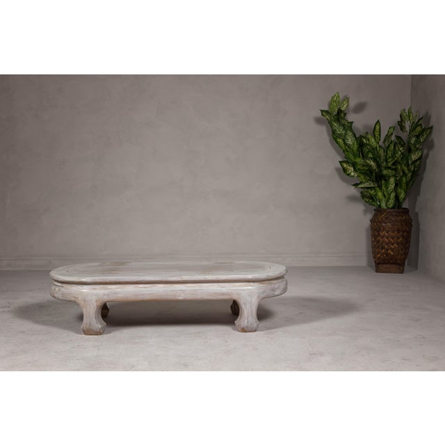 Mid 20th Century Teak Wood Vintage Whitewash Low Coffee table with Oval Top and Carved Legs For Sale - Image 5 of 12